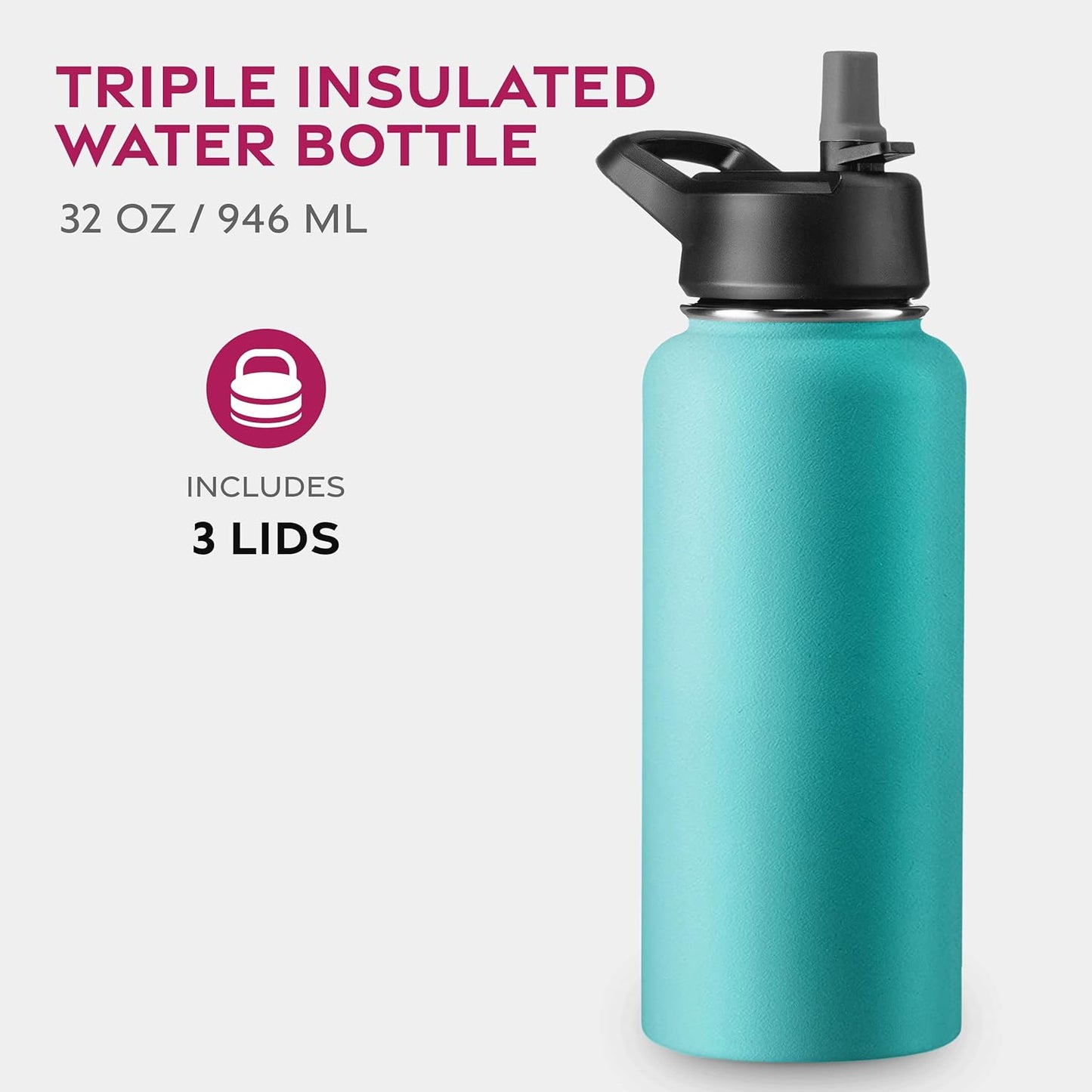 FineDine Water Bottle - Stainless Steel Insulated Water Bottle with Straw Lid, Flip Lid & Wide-Mouth Cap - Keeps Hot and Cold - 25 Oz / 739ml - Pure Pearly White