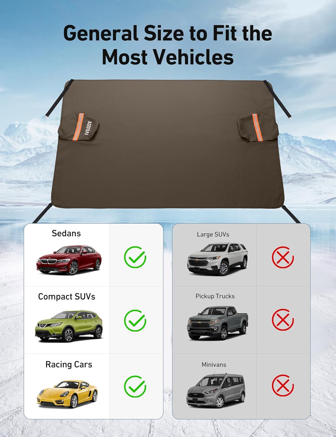 AstroAI Windshield Cover for Snow and Ice, 600D Oxford Fabric, Front Car Windshield Snow Cover, Winter Protection for Cars and Compact SUVs Wiper Mirror Protector Windproof Cover (Brown) - PuriLite