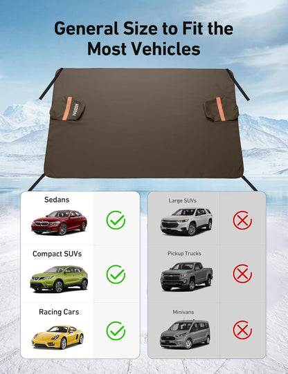 AstroAI Windshield Cover for Snow and Ice, 600D Oxford Fabric, Front Car Windshield Snow Cover, Winter Protection for Cars and Compact SUVs Wiper Mirror Protector Windproof Cover (Brown) - PuriLite