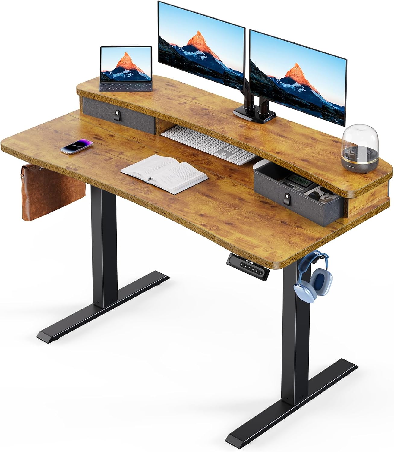 HUANUO 60″ x 30″ Electric Standing Desk with 2 Drawers, C-Clamp Mount Compatible, Height Adjustable Computer Desk, Home Office Stand Up Desk with 4 Preset Heights & 2 Hooks, Vintage Brown