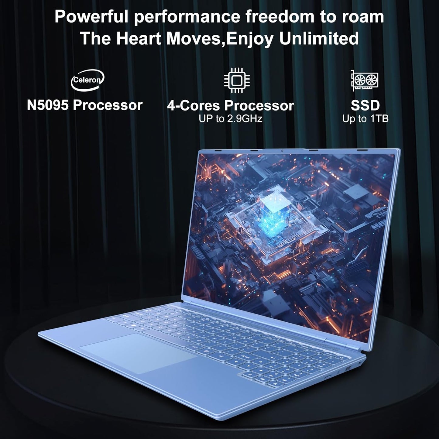 NOTODD Laptop 16" 12GB LPDDR4 512GB SSD Celeron N5095 Up to 2.9Ghz Quad-Core Win 11 PC 1920*1200 2K Screen Dual WIFI Support 2.5" HDD 1TB SSD Expand with Cooling Fan Numeric Keypad for Business-Blue