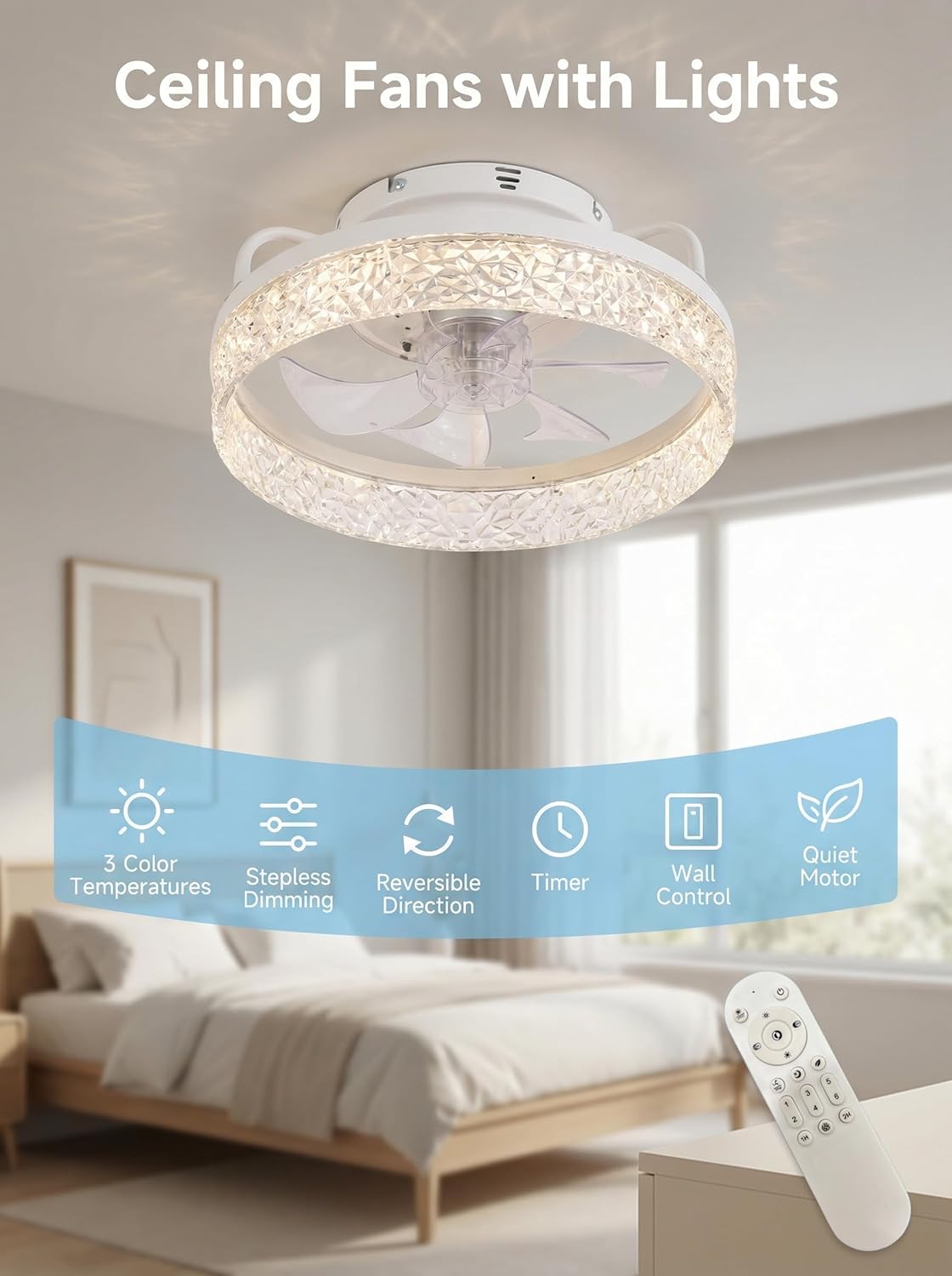 Ceiling Fan with Lights and Remote, 32cm Low Profile Ceiling Fans with Lights, Fandelier Ceiling Fan Light,DC Quiet Motor,3000K-6000K Dimmable,Modern Flush Mount Ceiling Fan for Modern Indoor Bedroom