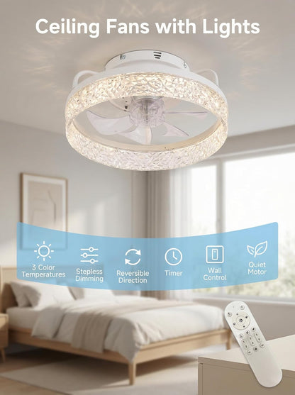 Ceiling Fan with Lights and Remote, 32cm Low Profile Ceiling Fans with Lights, Fandelier Ceiling Fan Light,DC Quiet Motor,3000K-6000K Dimmable,Modern Flush Mount Ceiling Fan for Modern Indoor Bedroom