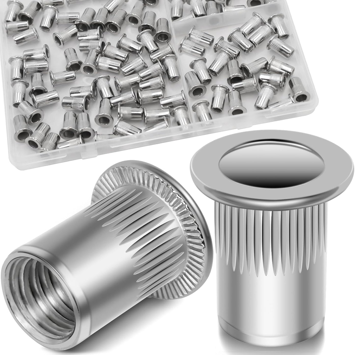 Vifmy Metric & SAE Rivet Nut Assortment Kit(420 Pcs),m3 m4 m5 m6 m8 m10 m12#6-32#8-32#10-24 1/4"-20 5/16"-18 3/8"-16 UNC Flat Head Rivnut Set,Zinc Plated Finish Carbon Steel Nutsert