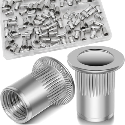 Vifmy Metric & SAE Rivet Nut Assortment Kit(420 Pcs),m3 m4 m5 m6 m8 m10 m12#6-32#8-32#10-24 1/4"-20 5/16"-18 3/8"-16 UNC Flat Head Rivnut Set,Zinc Plated Finish Carbon Steel Nutsert