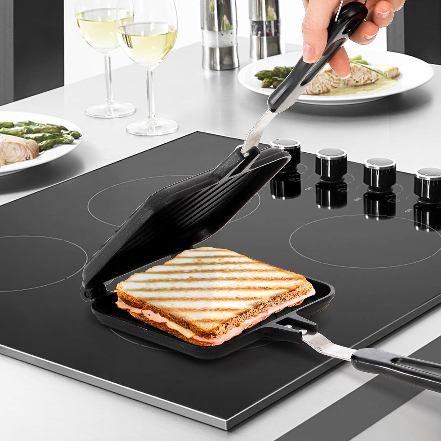 Elsjoy Hot Sandwich Panini Maker with Handle, Non-Stick Double Sided Frying Pan Grilled Sandwich Maker, Stovetop Toasted Sandwich Press for Home, Kitchen, Breakfast