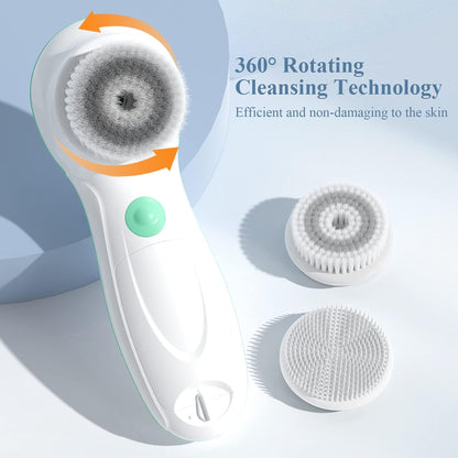 TOUCHBeauty Facial Cleansing Brush Electric, Face Cleansing Brush with Stand, 3 Brush Heads, 2 Speeds, IPX5 Waterproof, Battery-Powered, Suitable for All Skin Types, AG-0759D, White