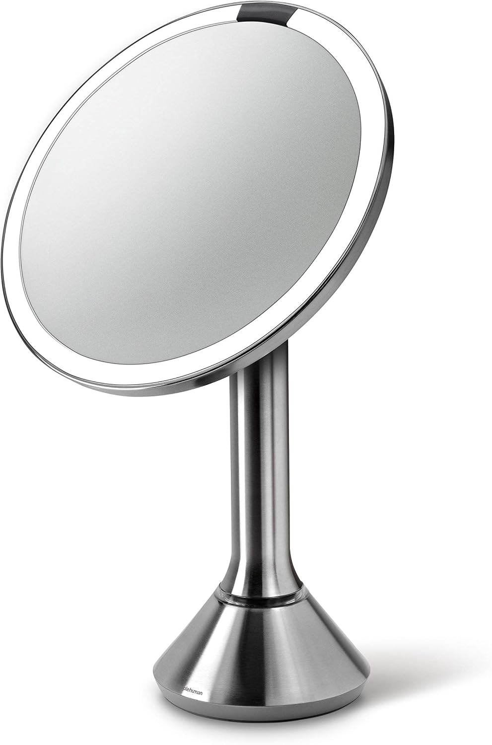 simplehuman 8" Round Sensor Makeup Mirror with Touch-Control Dual Light Settings, 5x Magnification, Rechargeable and Cordless, Brushed Stainless Steel, 8"