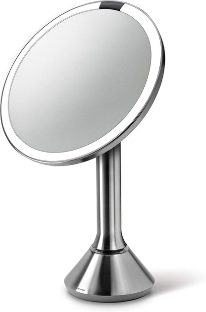 simplehuman 8" Round Sensor Makeup Mirror with Touch-Control Dual Light Settings, 5x Magnification, Rechargeable and Cordless, Brushed Stainless Steel, 8"