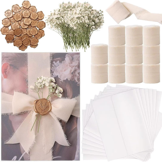 50 Sets Wedding Invitation Wrap Kit for 5x7 Invitations – Pre-Folded Vellum Jackets, 12 Rolls Chiffon Ribbon, Dried Gypsophila & Wax Seal Stickers – Elegant DIY Wedding Supplies