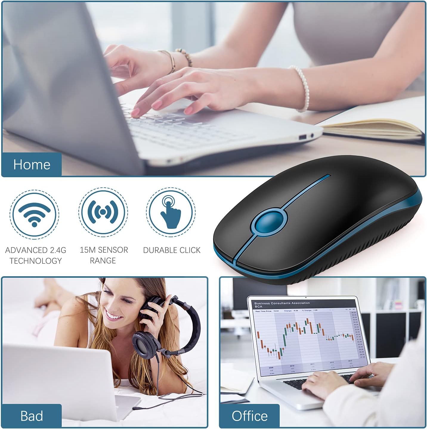 Wireless Mouse, Vssoplor 2.4G Slim Portable Computer Mice with Nano Receiver for Notebook, PC, Laptop, Computer (Black and Sapphire Blue)