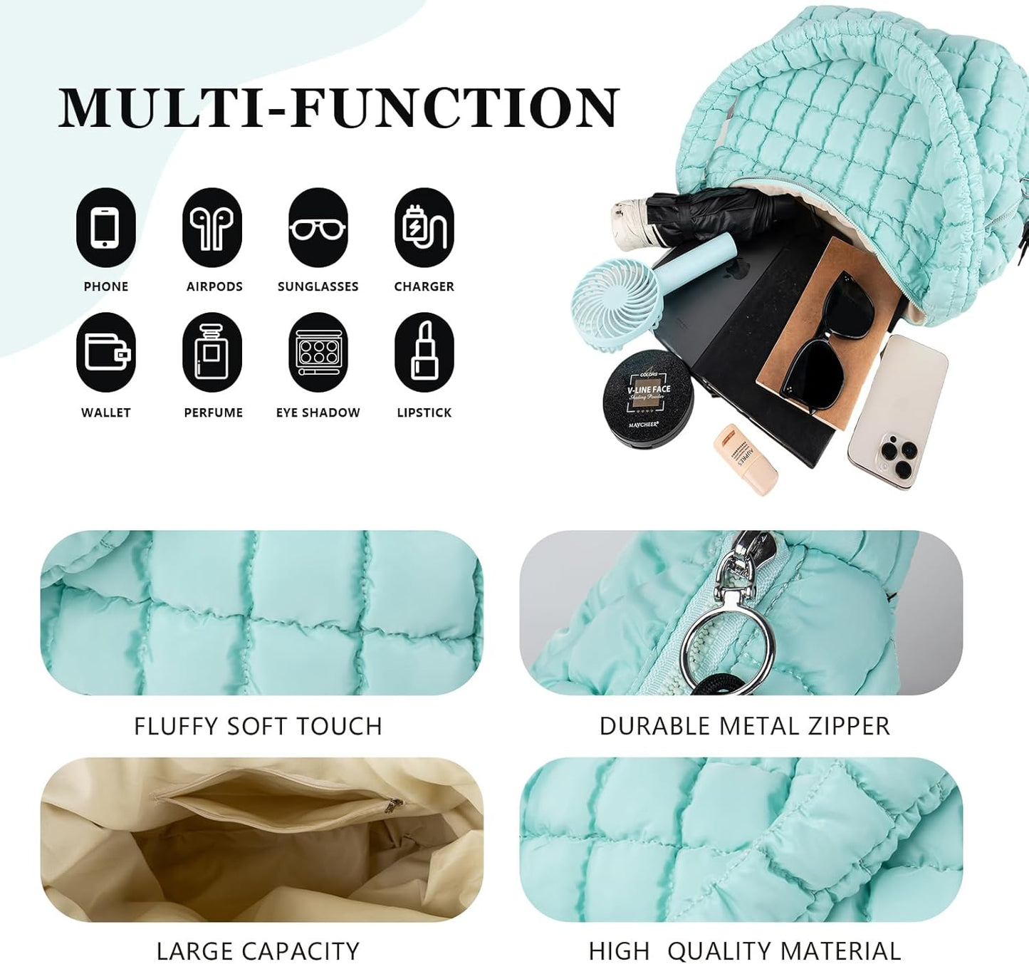 Quilted Puffer Tote Bag Large Crossbody Shoulder Bag with Zipper, Nylon Hobo Oversized Handbag