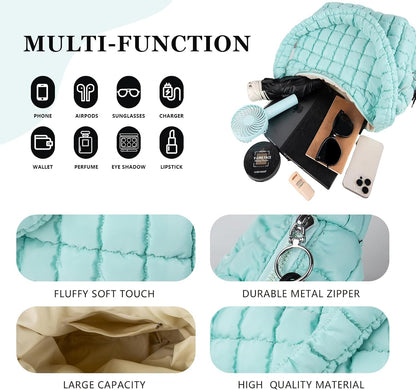 Quilted Puffer Tote Bag Large Crossbody Shoulder Bag with Zipper, Nylon Hobo Oversized Handbag
