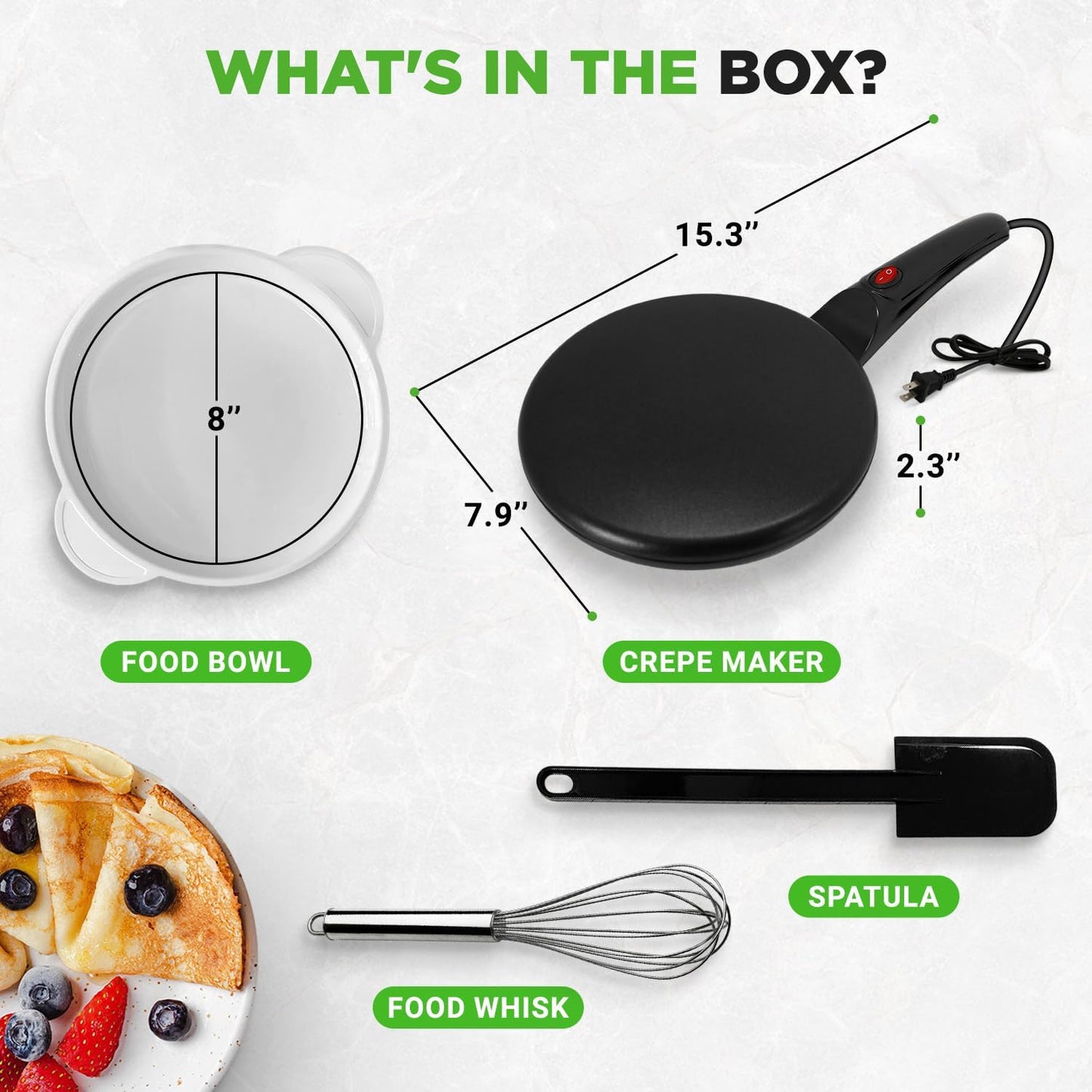 NutriChef Electric Crepe Maker, Cooks Roti, Tortillas, Pancakes, Nonstick Cooktop, 8-inch Cook Area On/Off Switch, Automatic Temperature Control & Cool Touch Handle, Includes Food Bowl, Whisk, Spatula