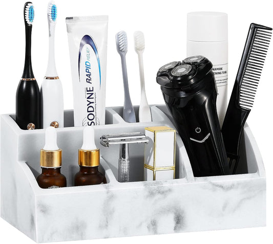 Marble Bathroom Counter Organizer with 5 Slots, Resin Toothbrush and Toothpaste Holder for Vanity Storage, Gravel White - PuriLite