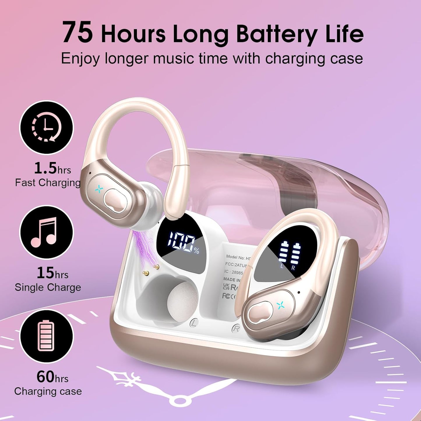 STECEi Wireless Earbuds 75hrs Bluetooth 5.4 Headphone Sport, Bluetooth Earbuds HiFi Stereo Over Ear Bud with Earhooks, ENC Noise Cancelling Mic, IP7 Waterproof Wireless Earphone for Workout/Running