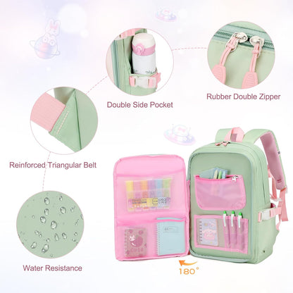 FIXITOK Girls Backpack Set, 3PCS Kids Backpack for Girls, Kawaii Bunny School Backpacks for Girl Kindergarten Elementary Preschool Middle School Bags with Lunch Box Pencil Case Aquamarine