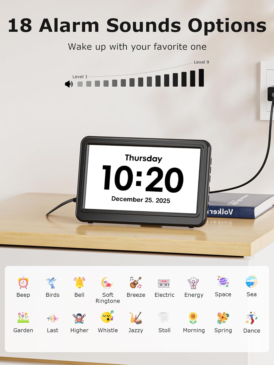 10.1'' Large Display Dementia Clock for Seniors, Calendar Clock with Remote Control,12 Themes, 20 Alarms, 20 Reminders, 6 Languages, Auto Dimming, 12/24 Hours, Indoor Temperature, Humidity