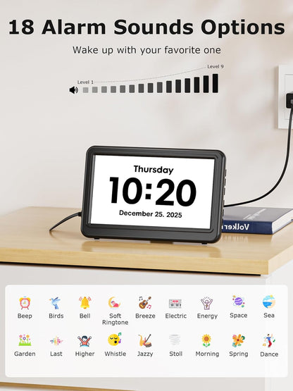 10.1'' Large Display Dementia Clock for Seniors, Calendar Clock with Remote Control,12 Themes, 20 Alarms, 20 Reminders, 6 Languages, Auto Dimming, 12/24 Hours, Indoor Temperature, Humidity