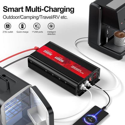 3000W Power Inverter,12V DC to AC 110V120V Peak Power 6000W with 2AC Outlets and 2.4USB Port,LCD Display Car Inverter for Outdoor Activities,Emergency