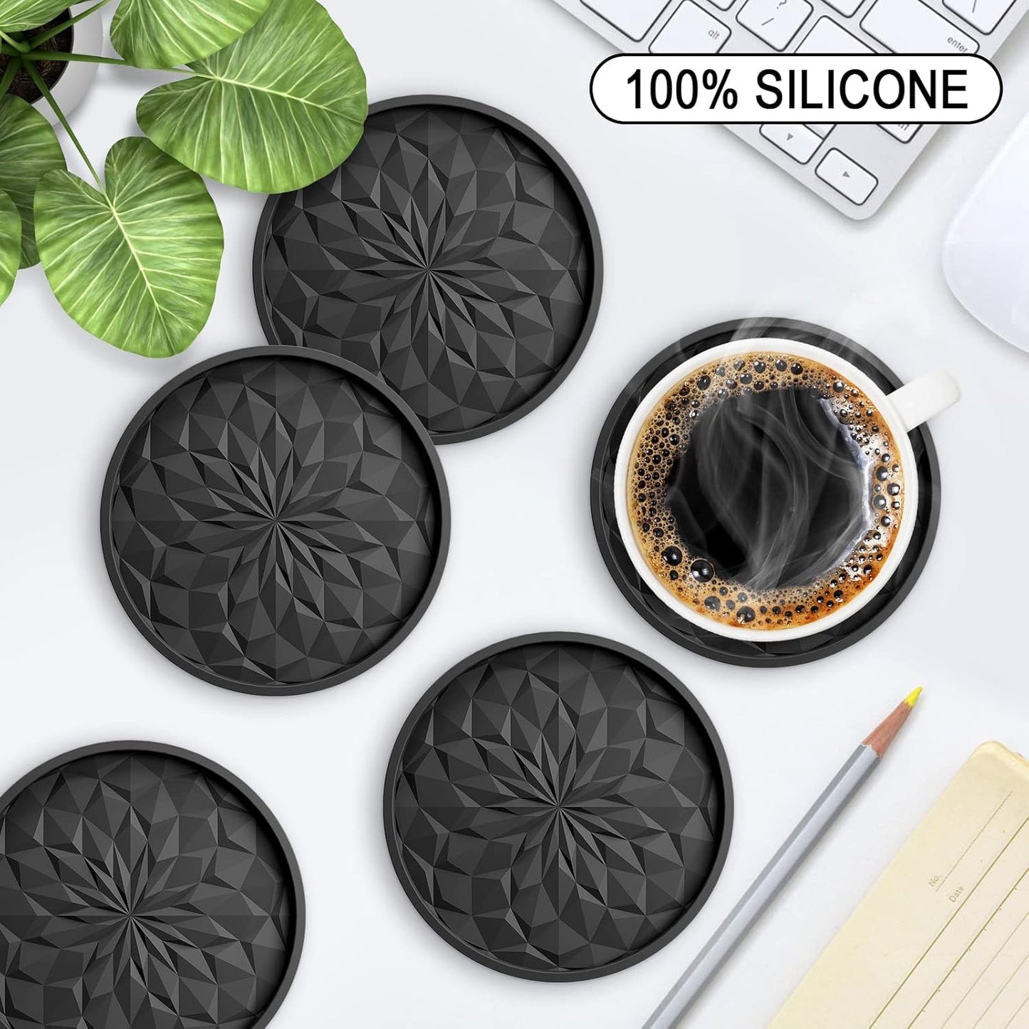ME.FAN Silicone Coasters [6 Pack] Coasters with Holder - Drinking Coasters - Cup Mat for Drinks - Live for Hot or Cold Drink Thickened, Non-Slip, Non-Stick, Deep Tray Black