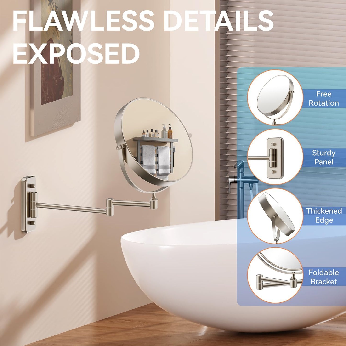Auxmir Miroir de maquillage mural 30X/1X, miroir grossissant double face de 20,3 cm avec pince à épiler, miroir de maquillage de salle de bain, miroir cosmétique avec bras extensible pivotant à 360°, nickel