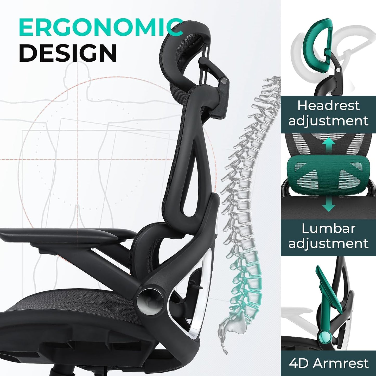 Capot Ergonomic Mesh Office Chair, Adjustable Lumbar High Back Desk Chair 400lbs, 4D Flip-up Arms, 3-Level Tilt Backrest, 3D Headrest, PU Wheels, Swivel Rolling Computer Seating for Long Desk Work
