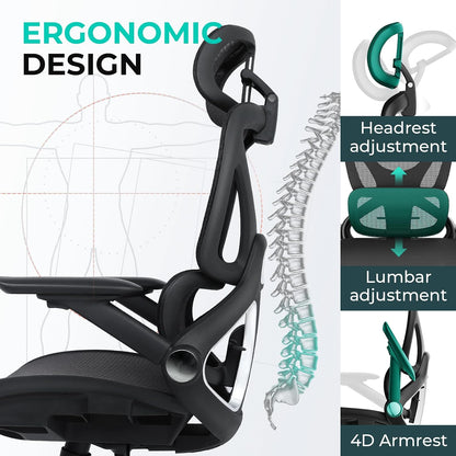 Capot Ergonomic Mesh Office Chair, Adjustable Lumbar High Back Desk Chair 400lbs, 4D Flip-up Arms, 3-Level Tilt Backrest, 3D Headrest, PU Wheels, Swivel Rolling Computer Seating for Long Desk Work