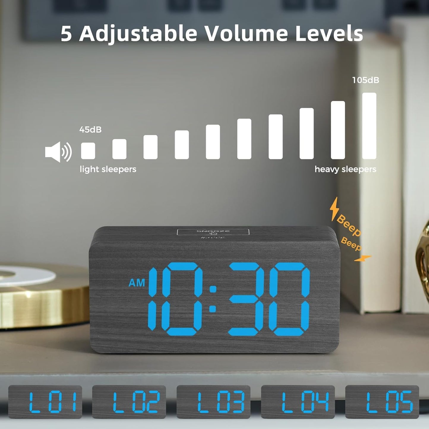 Purilite Select Wooden Digital Alarm Clock with Large LED Display