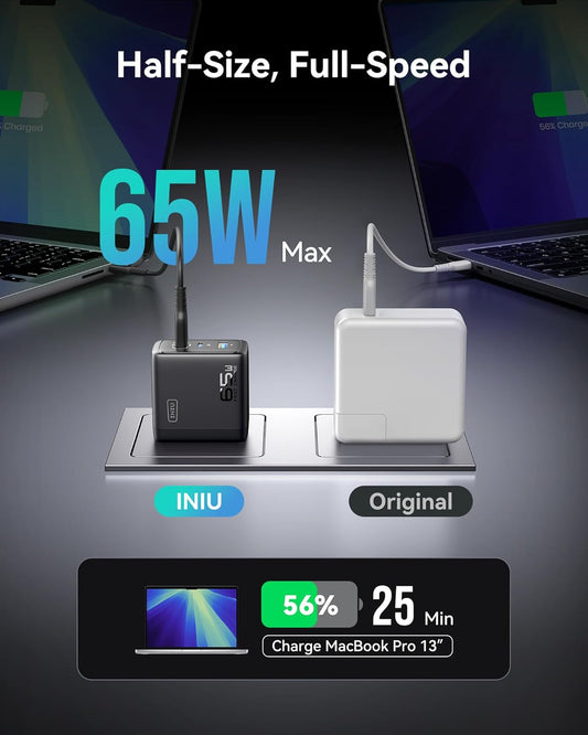 INIU USB C Charger Block, 3-Port 65W PD Fast Charging, Compact Type C Wall Charger with Foldable Plug, GaN Tech, for MacBook Pro/Air, iPhone 16, Samsung S25, iPad Pro, Laptop, Multiple Devices etc - PuriLite
