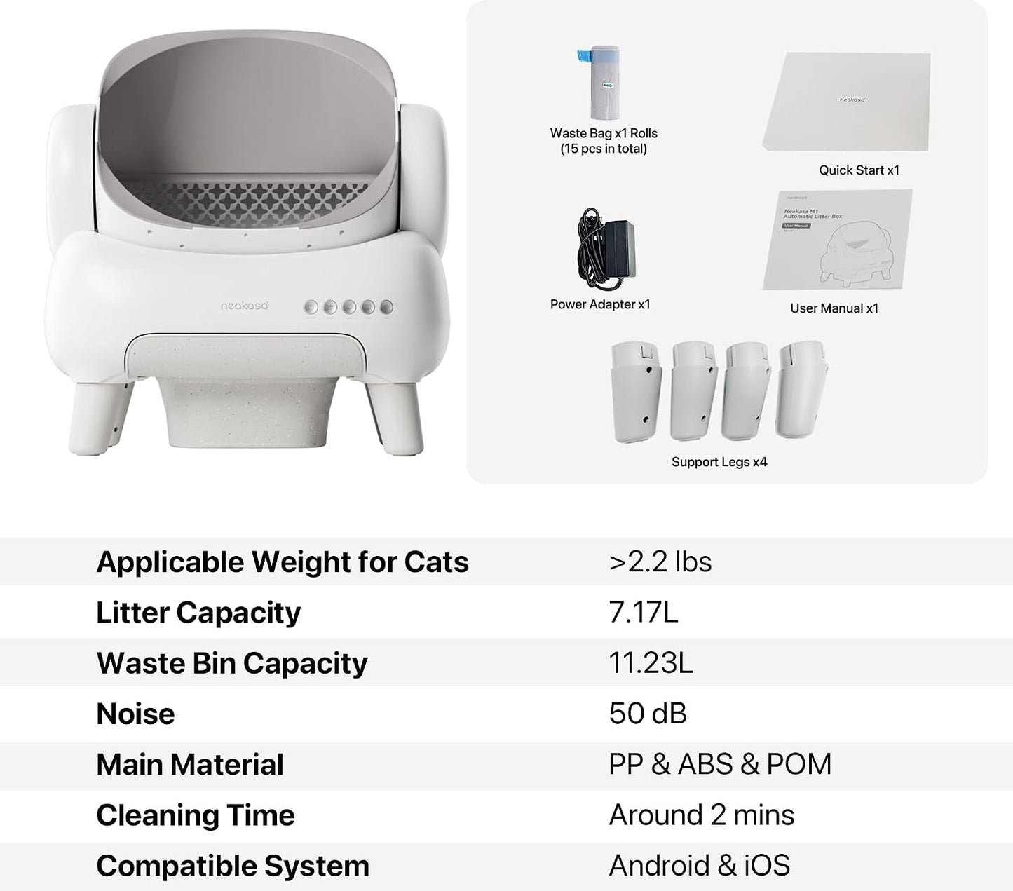 Neakasa M1 Lite Open-Top Self Cleaning Cat Litter Box, Automatic Cat Litter Box with APP Control, Safety Protection, 1 Roll Waste Bag