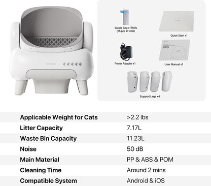 Neakasa M1 Lite Open-Top Self Cleaning Cat Litter Box, Automatic Cat Litter Box with APP Control, Safety Protection, 1 Roll Waste Bag