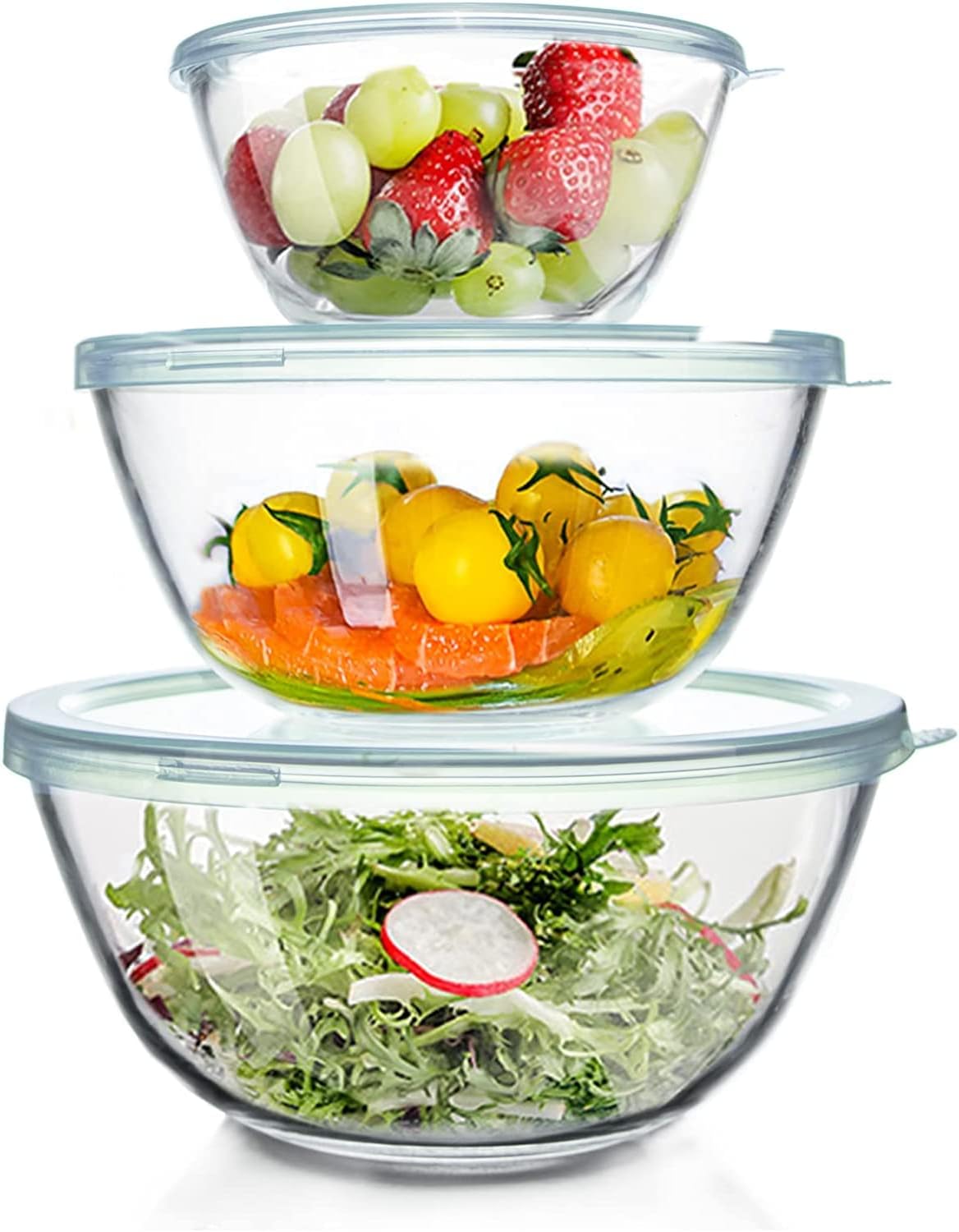 Luvan High Borosilicate Glass Mixing Salad Bowls with Lids Set of 3 (4.5QT,2.7QT,1.1QT),Large Kitchen Nesting Bowls, Great for Food Storage, Cooking, Baking, Prepping,Dishwasher and Microwave Safe