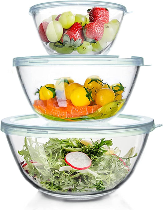 Luvan High Borosilicate Glass Mixing Salad Bowls with Lids Set of 3 (4.5QT,2.7QT,1.1QT),Large Kitchen Nesting Bowls, Great for Food Storage, Cooking, Baking, Prepping,Dishwasher and Microwave Safe