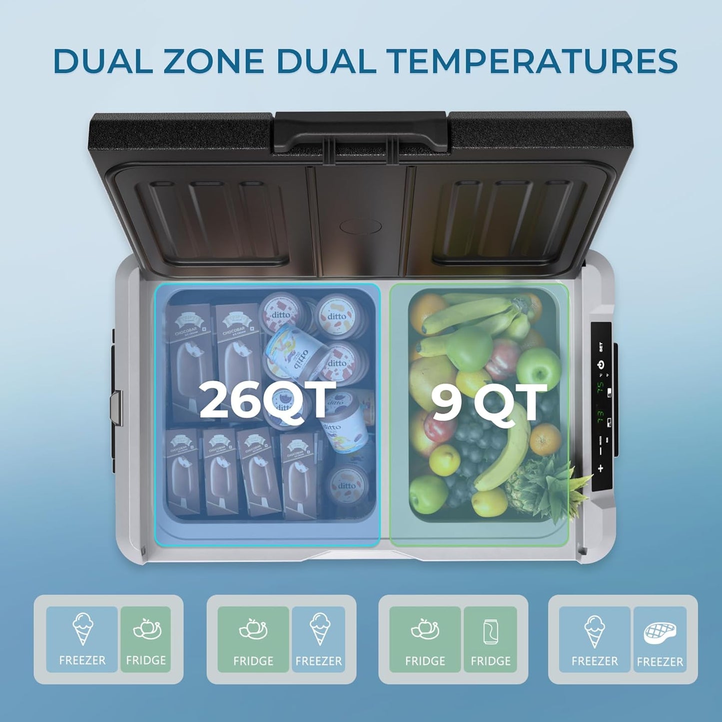 EUHOMY 12 Volt Refrigerator with Remote App Control, 35QT(33L) Dual Zone Electric Cooler with Wheels & Basket, Portable Freezer 12/24V DC & 110-240V AC, 12V Cooler for Travel, Truck, Camping, Boat, RV
