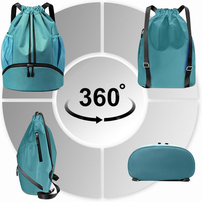Hoedia Sports Drawstring Backpack - String Swim Gym Bag with Shoes Compartment and Wet Proof Pocket for Women/Men