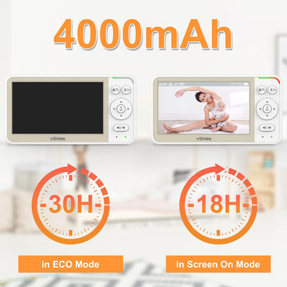 VTimes No WiFi Baby Monitor Camera & Auido, 5" Screen with 30Hr Battery Pan-Tilt-Zoom, VOX Mode, Two-Way Audio, Night Vision, 1000ft Long Range，Temperature Alert, Lullabies,French & English