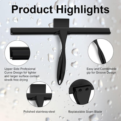 14 Inch Shower Squeegee Stainless Steel with Shower Door Hook and Adhesive Hook Glass Squeegee Bathroom for Doors, Bathroom, Windows, Kitchen, Mirror with Spare Silicone Blade 2 Hooks