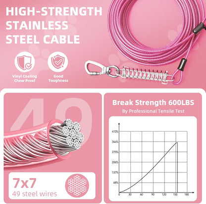 VST Dog Tie Out Cable 50FT-600LBS Break Strength,Heavy Duty Dog Leads for Yard with Shock Absorbing Spring & Lockable Hook,Outside Long Leash Cable,Chew Proof Dog Line for Small Medium Large Dogs