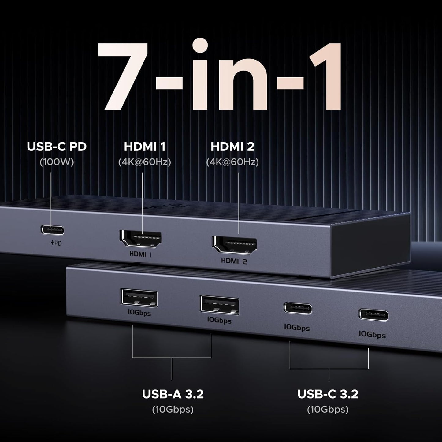 UGREEN Docking Station, Revodok Pro 207 USB C Hub (7 in 1) with Dual 4k HDMI, 2*USB A&C 10Gbps Date Transfers, PD 100W, USB C Dock for ThinkPad, iPad Pro, XPS, HP Laptopsand More