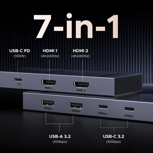 UGREEN Docking Station, Revodok Pro 207 USB C Hub (7 in 1) with Dual 4k HDMI, 2*USB A&C 10Gbps Date Transfers, PD 100W, USB C Dock for ThinkPad, iPad Pro, XPS, HP Laptopsand More - PuriLite