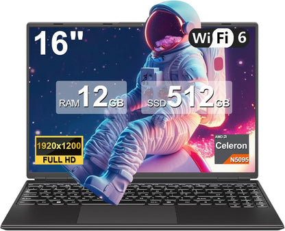 NOTODD Laptop 16" 12GB LPDDR4 512GB SSD Celeron N5095 Up to 2.9Ghz Quad-Core Win 11 PC 1920*1200 2K Screen Dual WIFI Support 2.5" HDD 1TB SSD Expand with Cooling Fan Numeric Keypad for Business-Blue