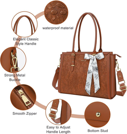 MOSISO Laptop Bag for Women, 17-17.3 inch PU Leathe Tote Bag Compatible with MacBook, HP, Dell, Asus Notebook, Front Embossed Retro Hibiscus Computer Bag with Silk Scarf&Clutch Purse, Gray - PuriLite