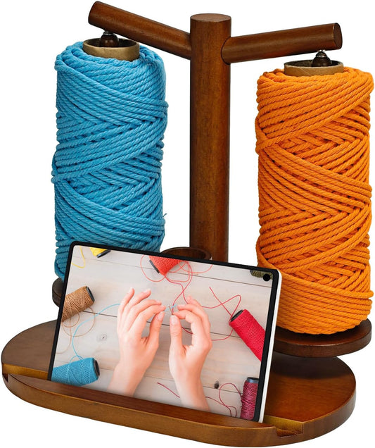 Wooden Yarn Holder for Crocheting and Knitting (Brown) | Upgraded Magnetic Rotating Spinner with 2 Spindles, Ideal Gift for Craft Enthusiasts