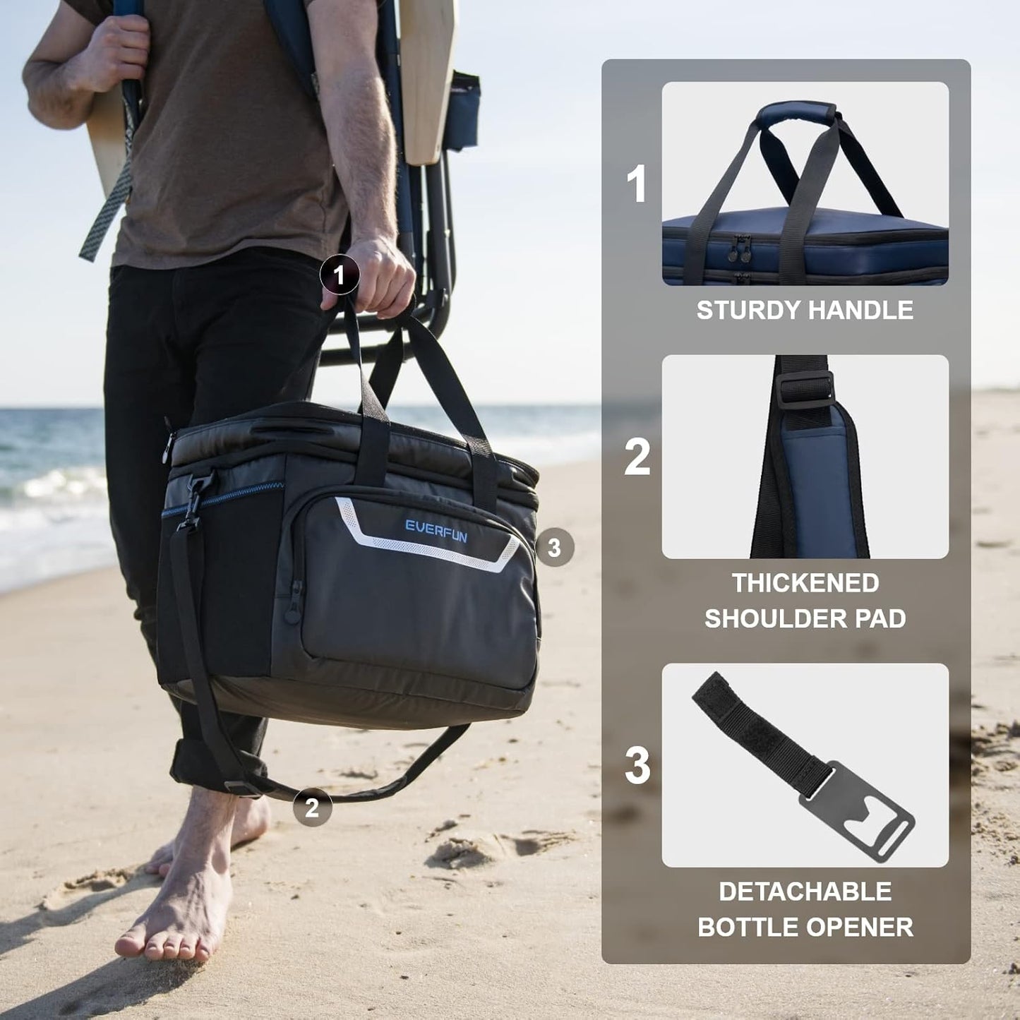 EVERFUN Cooler Bag Insulated Beach Cooler Lunch Bag Box for Men Women Dual Compartments Collapsible Waterproof Leak-Proof for Travel Work Picnic