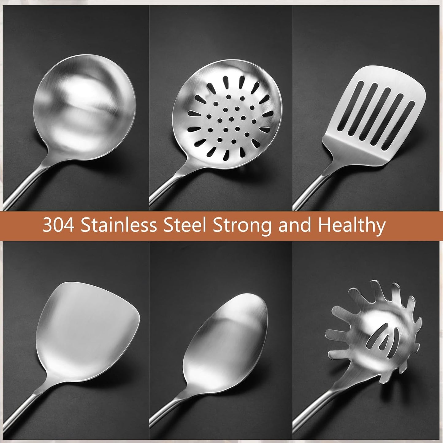 304 Stainless Steel Kitchen Utensils Set, 6 Pcs Long Cooking Utensils Set with Wooden Handle, Large Heat Resistant Kitchen Tools(Dishwasher Safe)