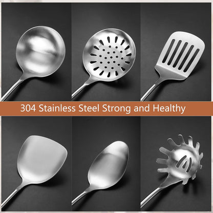 304 Stainless Steel Kitchen Utensils Set, 6 Pcs Long Cooking Utensils Set with Wooden Handle, Large Heat Resistant Kitchen Tools(Dishwasher Safe)