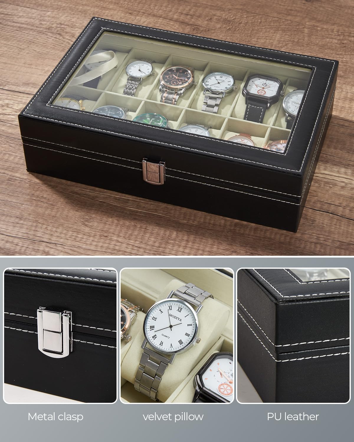 Ohuhu Watch Box Organizer for Men -12 Slot Leather Watch Case with Real Glass Lid Watch Display Case, Watch Organizer Jewelry Storage Box