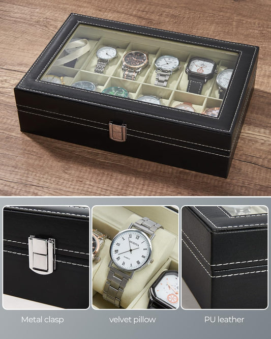 Ohuhu Watch Box Organizer for Men -12 Slot Leather Watch Case with Real Glass Lid Watch Display Case, Watch Organizer Jewelry Storage Box - PuriLite