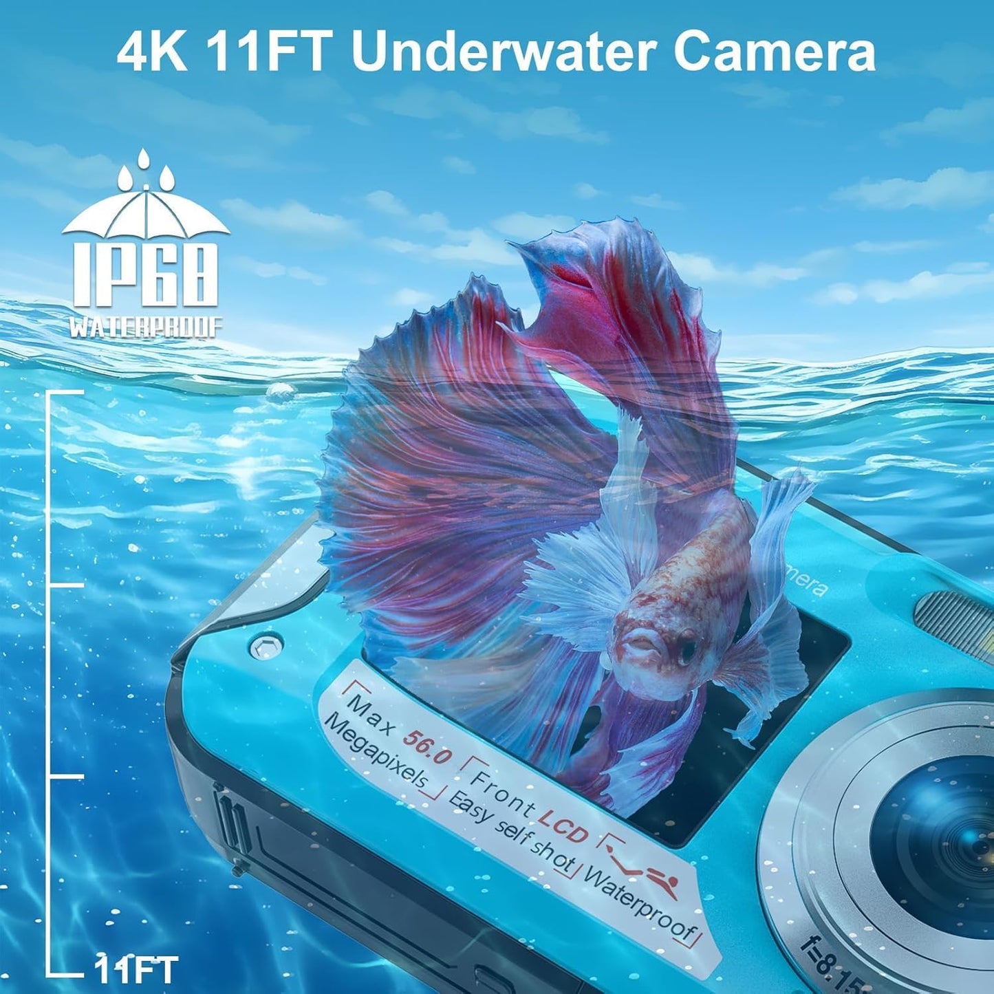4K Underwater Camera 11FT Waterproof with 32GB Card 56MP Autofocus Selfie Dual-Screen for Snorkeling, Compact Digital Camera 1250mAh Battery (Blue)
